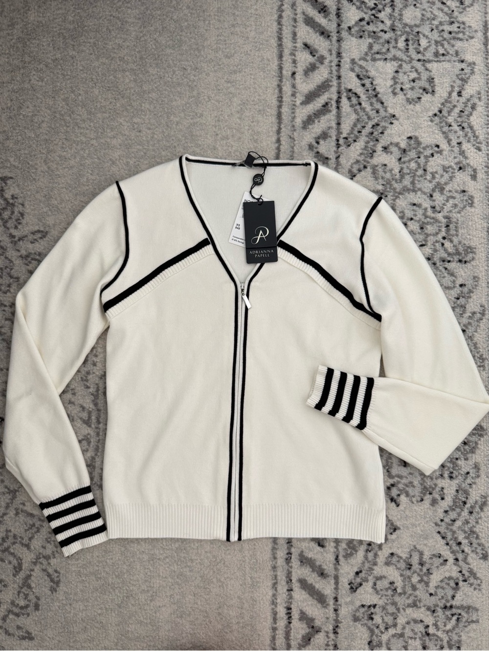NWT Adrianna Papell Cream Black Striped Zip Cardigan Jacket XS